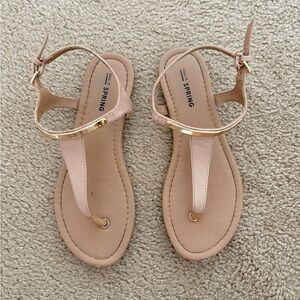Tan T-Strap Gold Sandals
